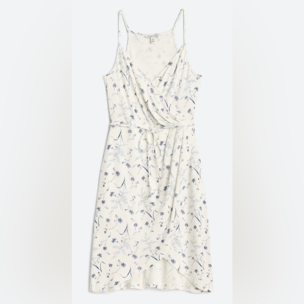 41 Hawthorne Annora Faux Wrap Knit Dress. White with Blue Flowers.